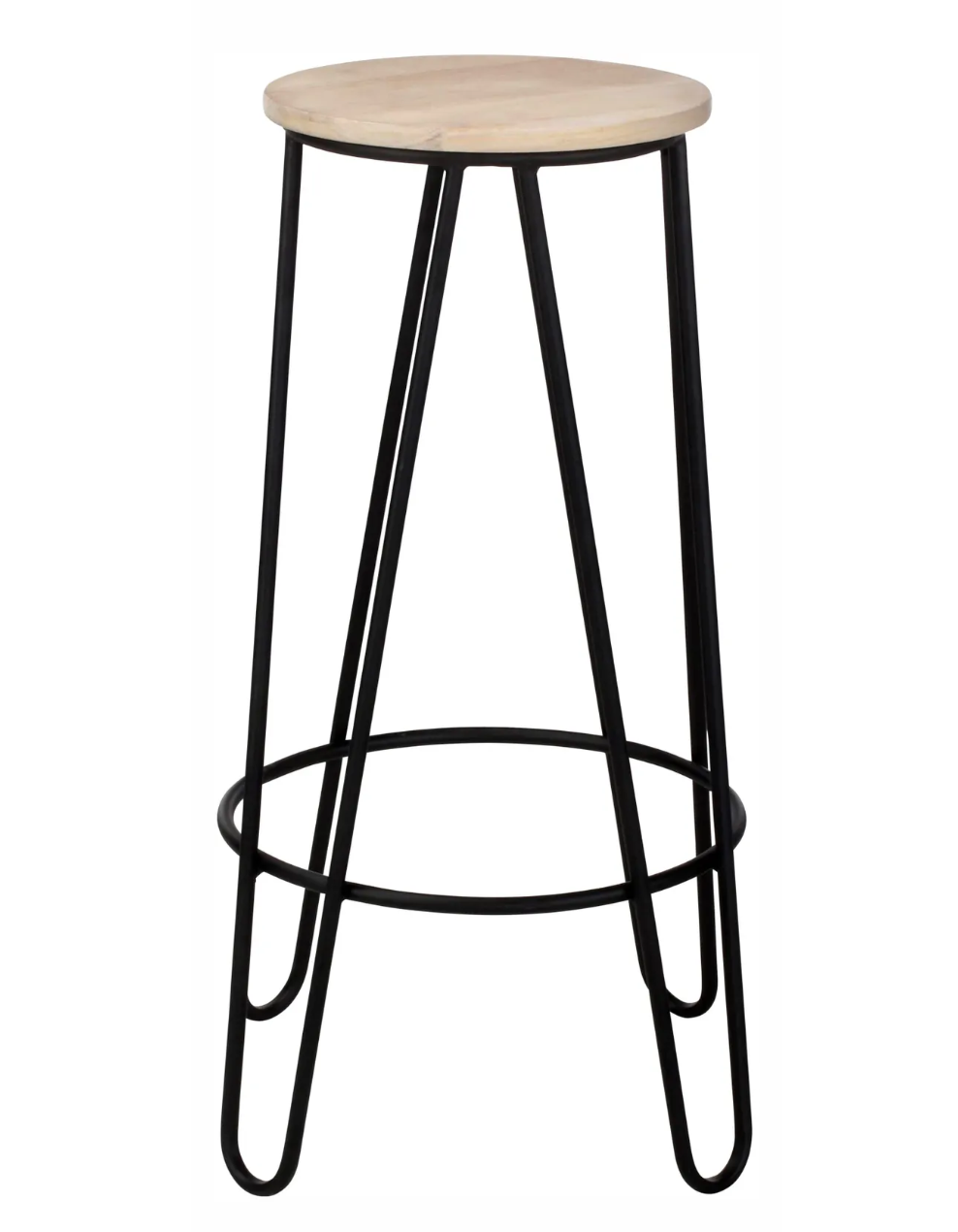 Tabouret de bar design Emilio avec pieds en épingle noirs et assise ronde en bois clair.