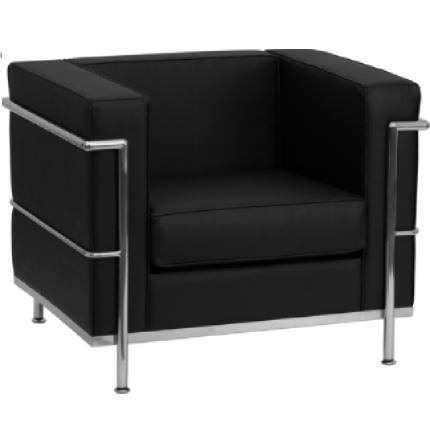 Fauteuil individuel Charles noir avec structure en acier chromé, style design moderne.