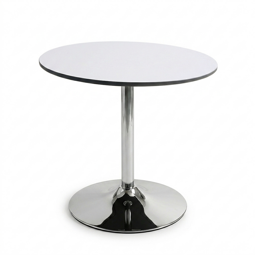 Petite table d'appoint Modulo ronde blanche avec pied central pour aménagement de stand.