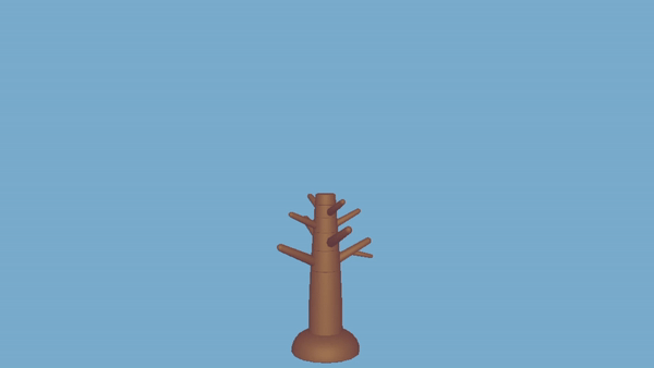 Animation d'un arbre qui semble être en plastique, il n'a pas de feuilles. Les branches tournent autour du tronc.