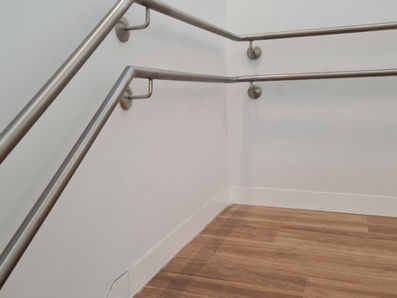Stainless steel wall mount double handrail installation indoor staircase timber treads