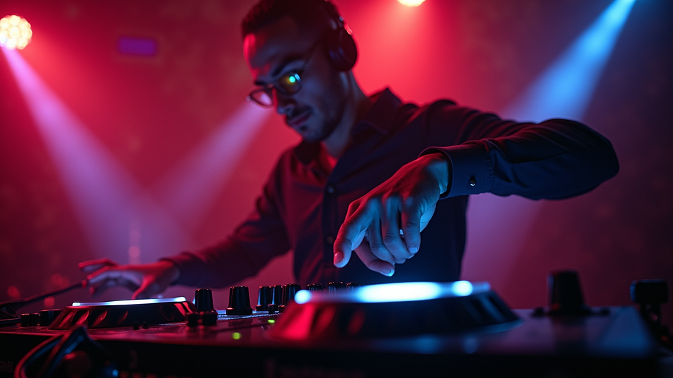 Close-up view of DJ Enix mixing tracks at a lively party