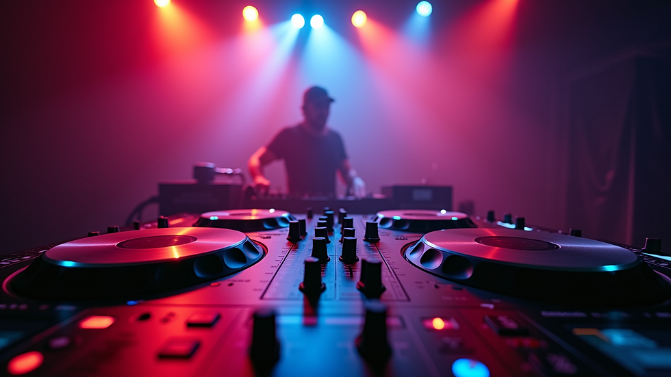 Eye-level view of DJ equipment setup with colorful lights