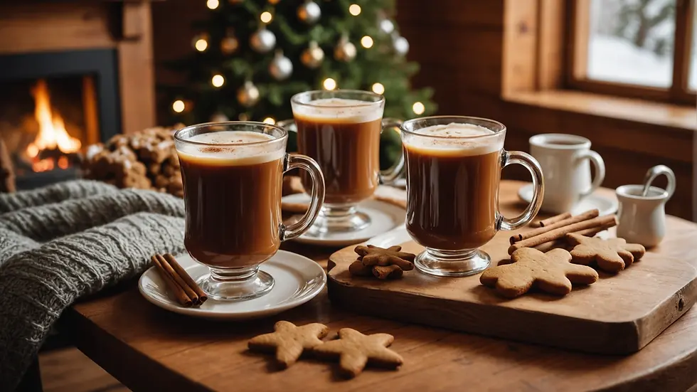 A cozy living room setting with mugs of gingerbread wassail