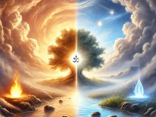 Peaceful symbolic landscape showing a tree between warm fire and cool water, representing equanimity, acceptance, and inner balance
