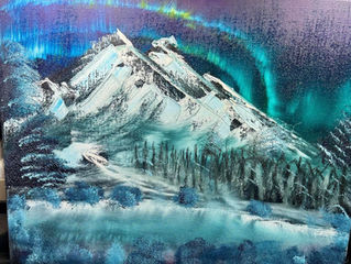 Snow-covered mountain landscape beneath the northern lights, painted in soft blue, white, and green tones