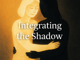 A glowing figure embraces a shadow figure, representing shadow work, self-acceptance, healing, and the integration of hidden parts of ourselves.