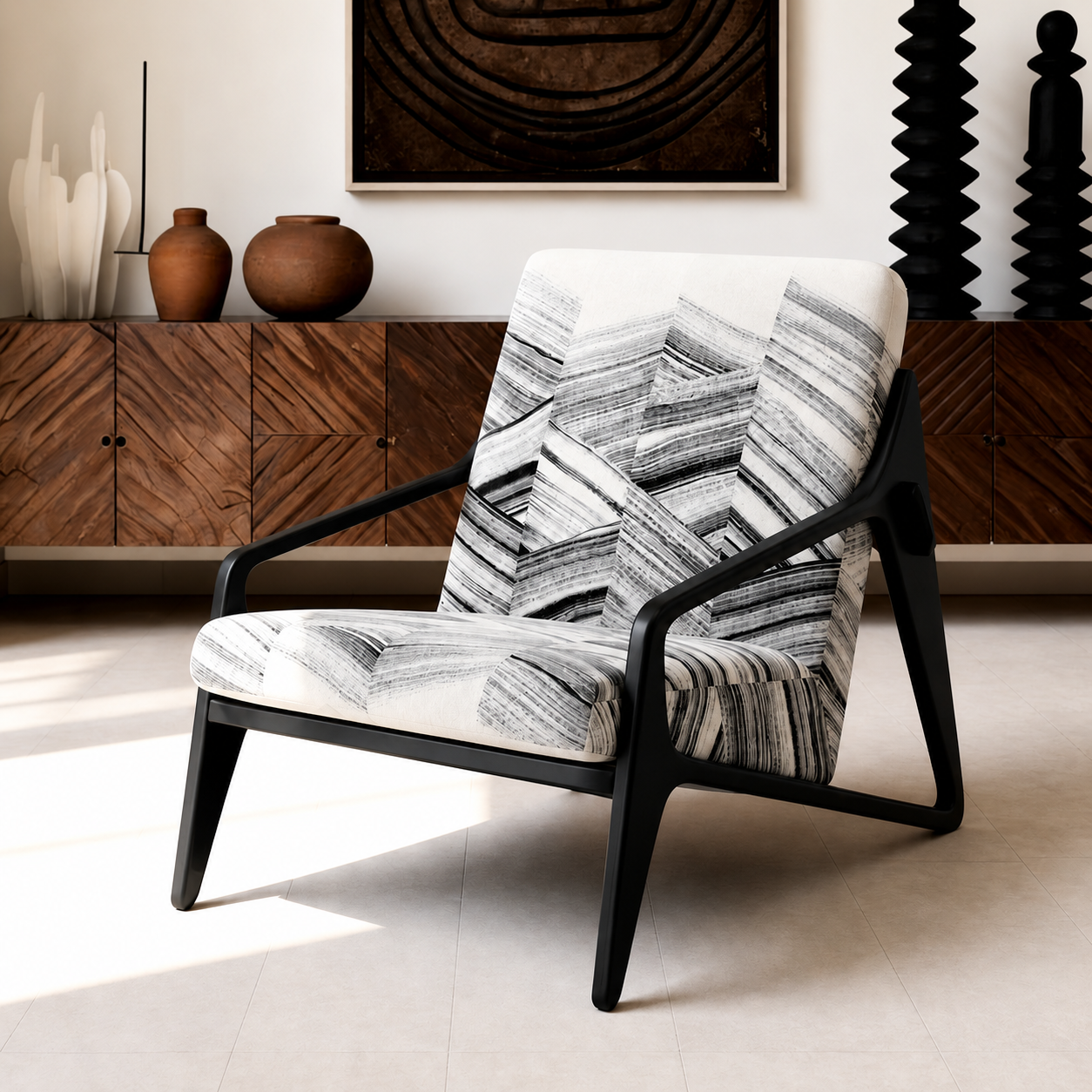 Single Sofa Chair, Black & White Cotton Fabric Wood Accent Chair