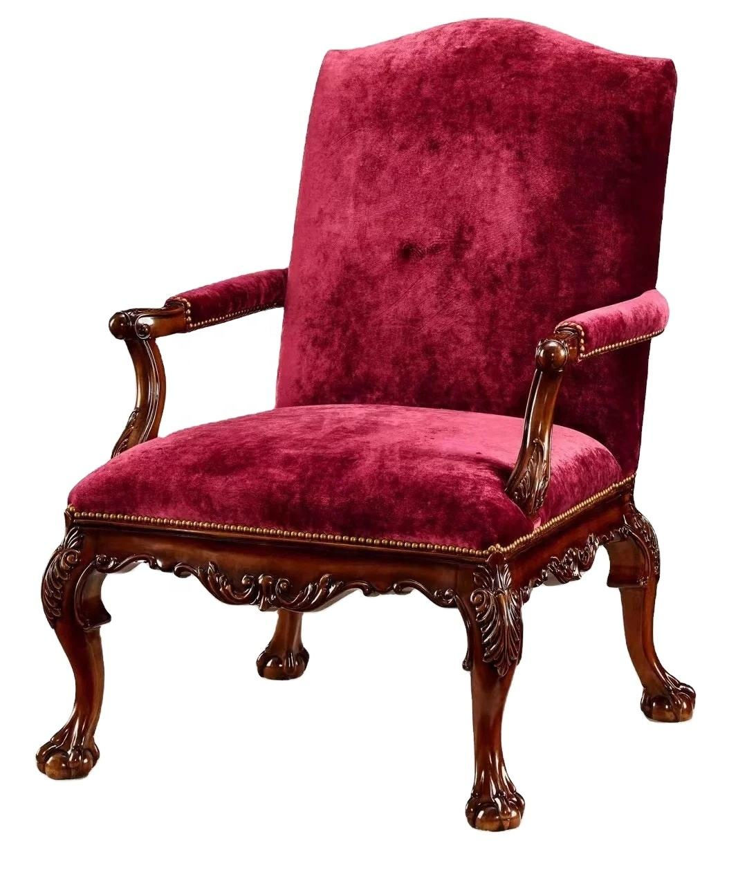 Baroque Carved Wood Armchair with Crimson Velvet