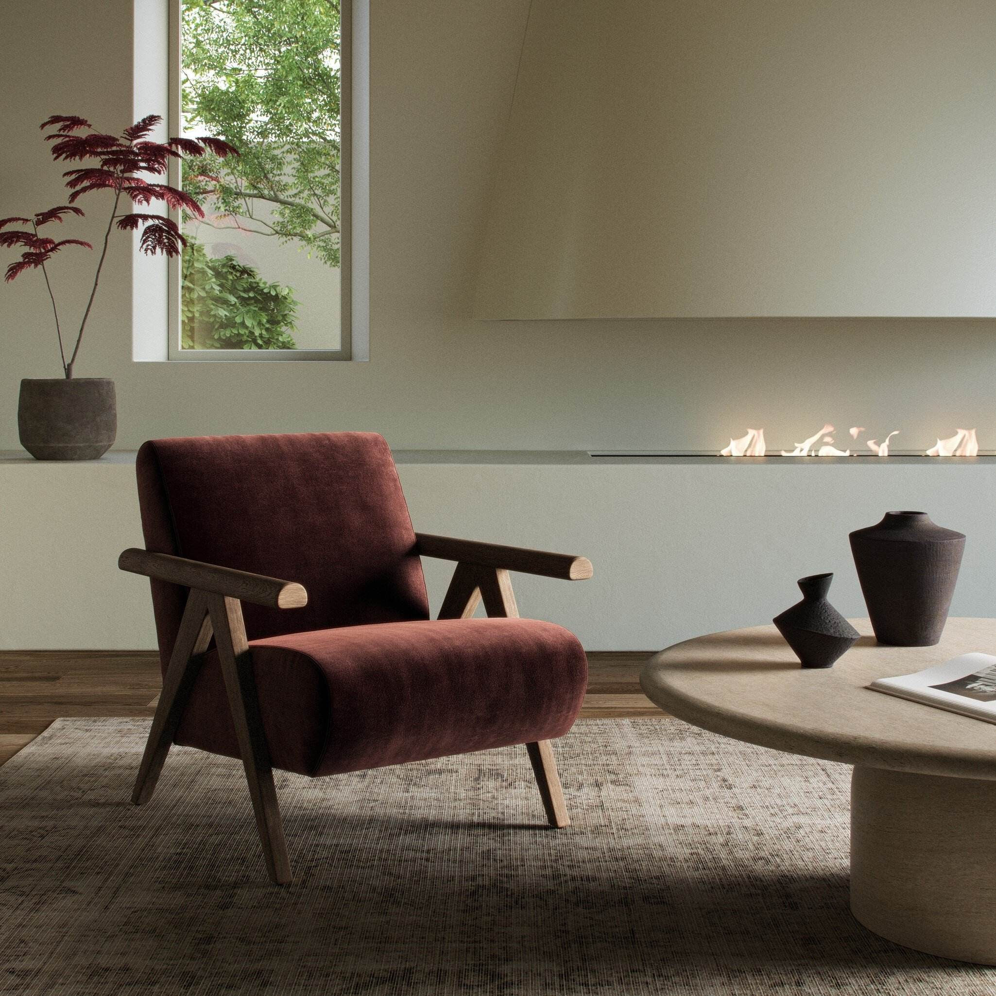 Chocolate Brown Velvet Accent Chair, Wood Arm Lounge Chair for Living Room