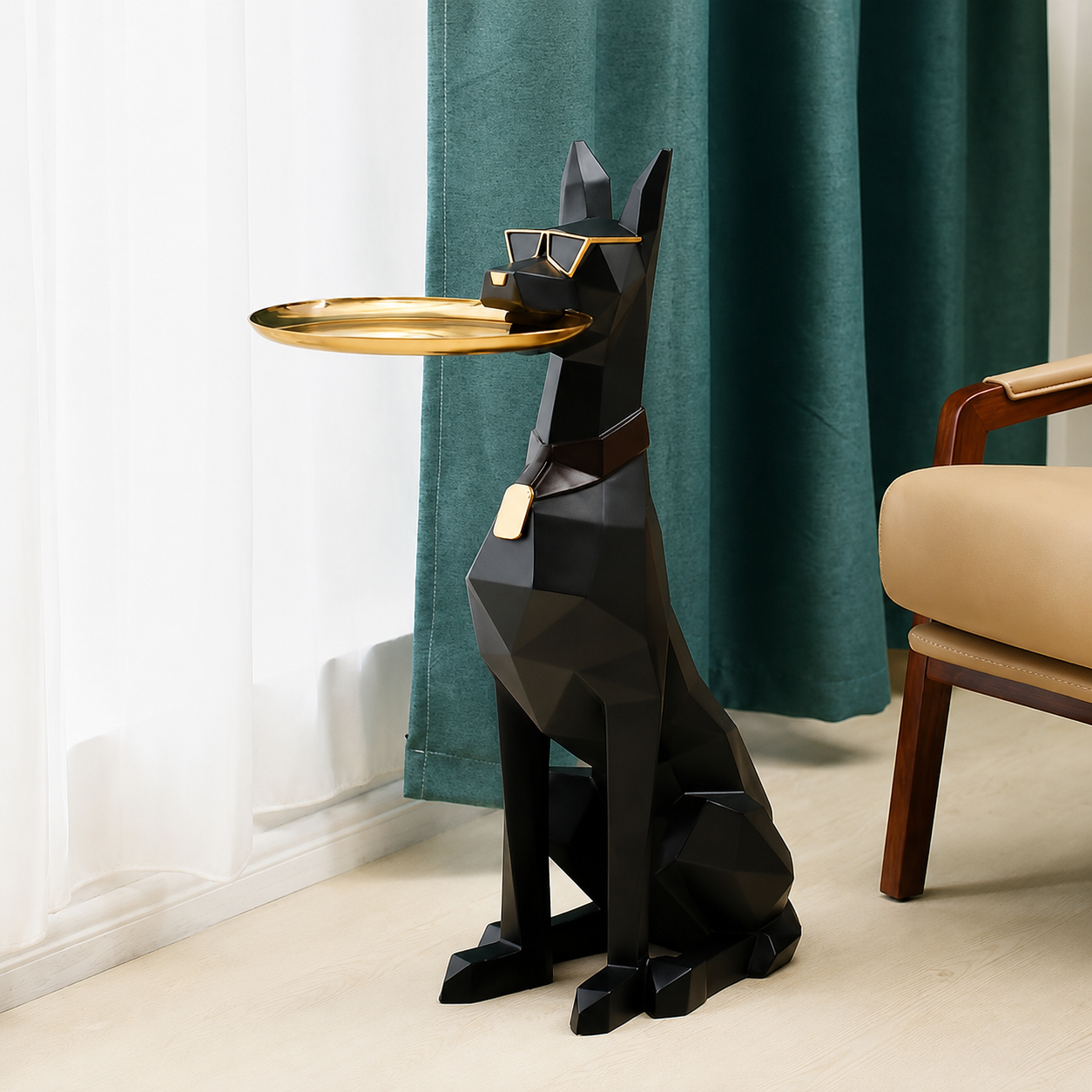Black Gold Dog Side Table, Polyresin Tray Floor Decor for Living Room