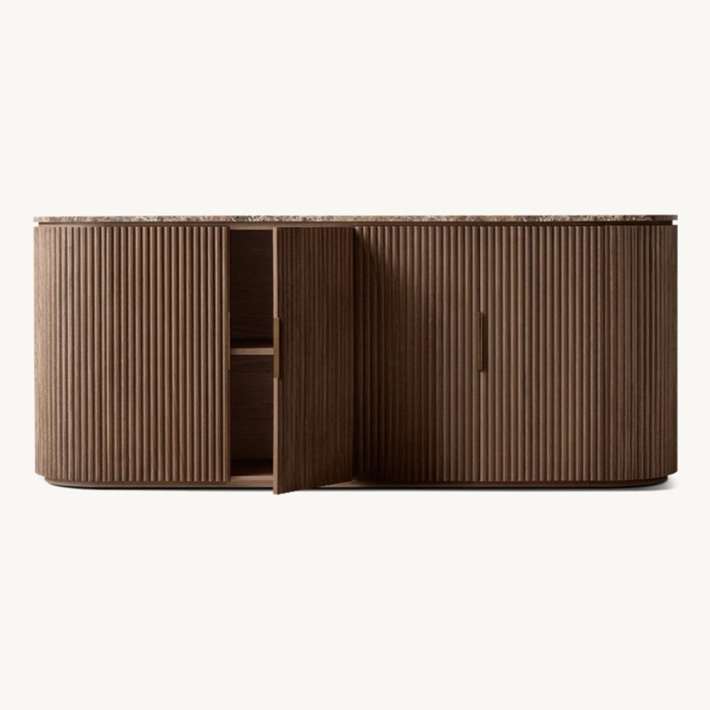 Fluted Wood Sideboard Credenza Curved Buffet Storage Cabinet