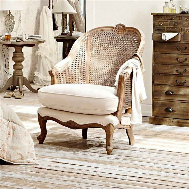 French Style Solid Wood Oak Rattan Single Sofa Armchair