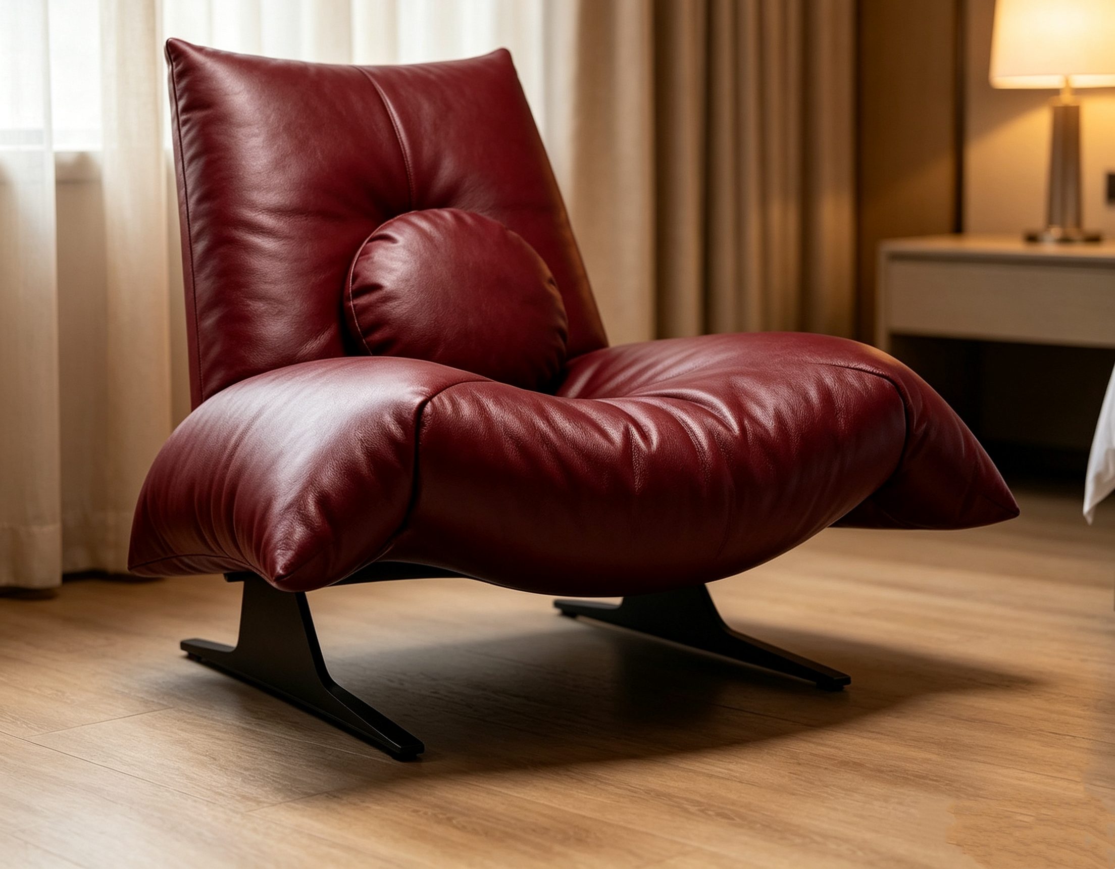 Burgundy Genuine Leather Lounge Chair with Plush Cushions and Metal Base