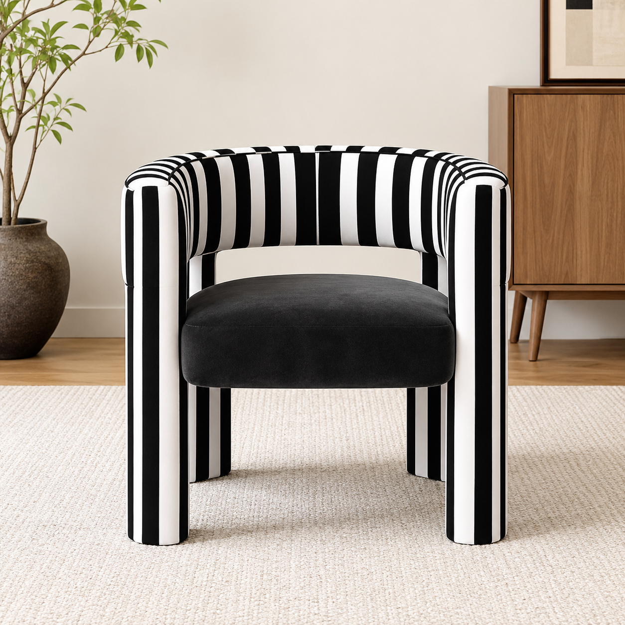 Modern Black and White Striped Velvet Accent Dining Chair