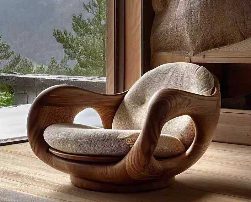 Sculptural Wood Accent Chair with Curved Arms and Beige Cushioned Seat
