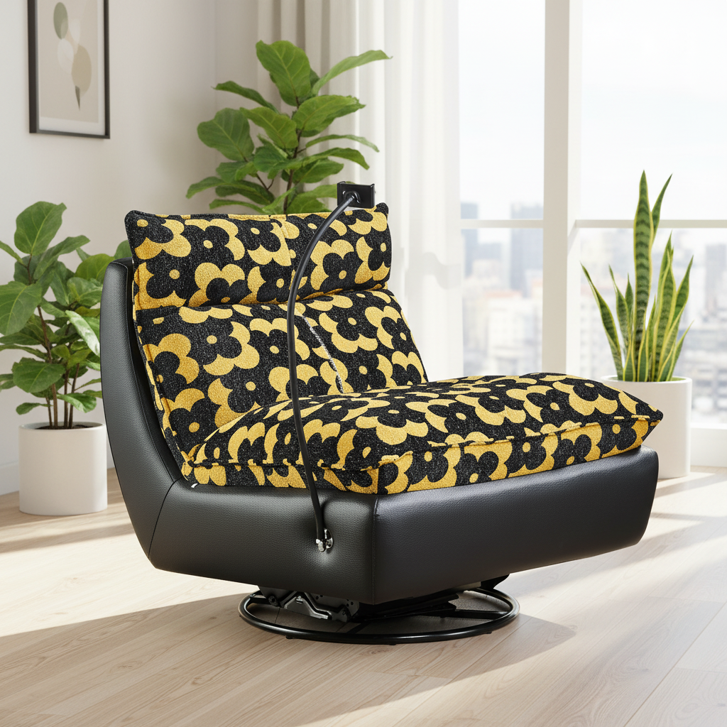 Armrest Lounge Chair, Black & Yellow Floral Accent Chair for Living Room