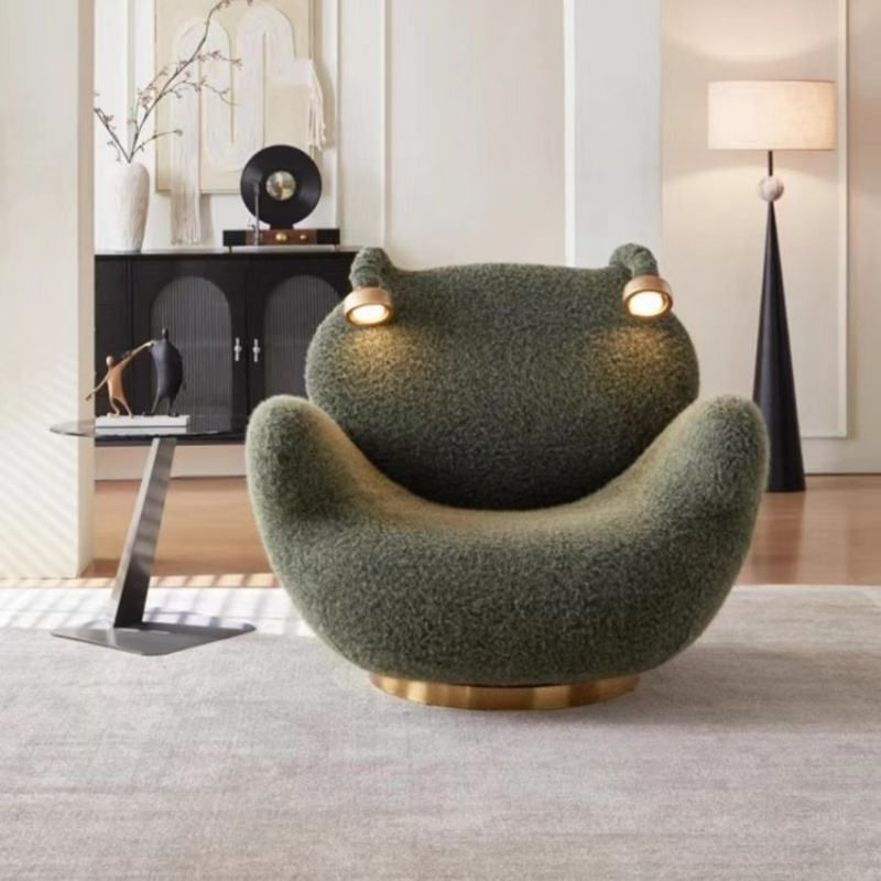 Green Boucle Accent Chair with Curved Arms and Gold Metal Base