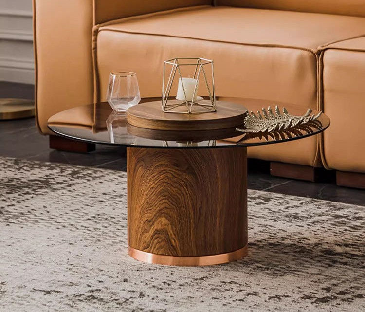 Nordic Vintage Walnut Glass Top Round Coffee Table