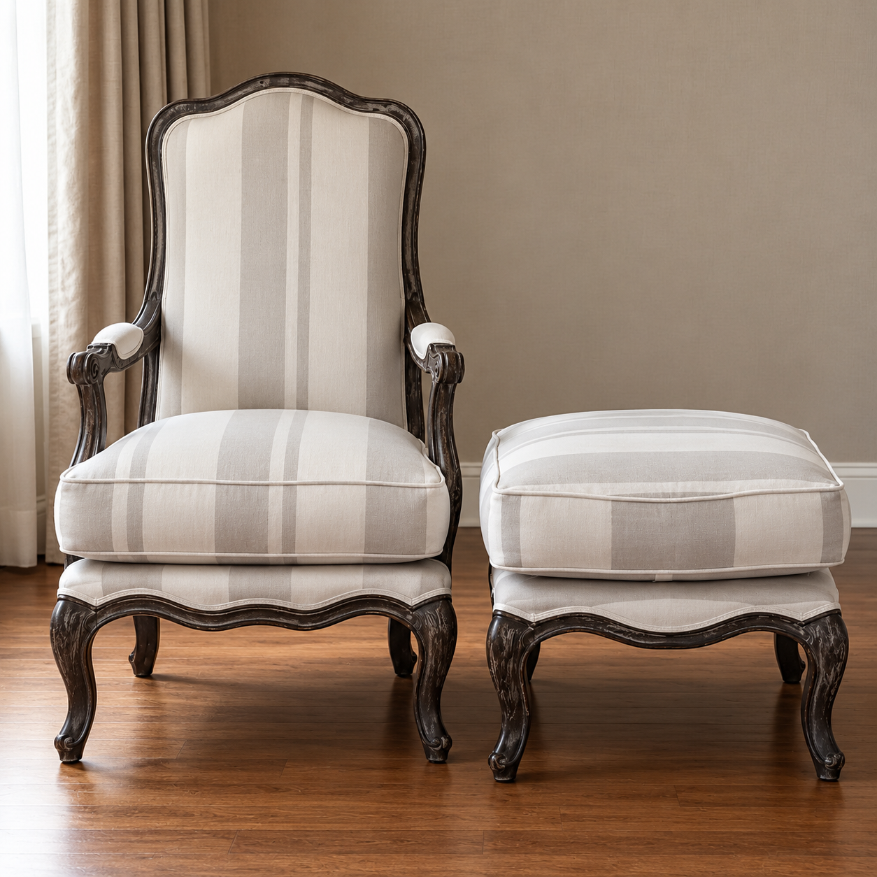 Classic Striped Linen Accent Armchair with Matching Ottoman