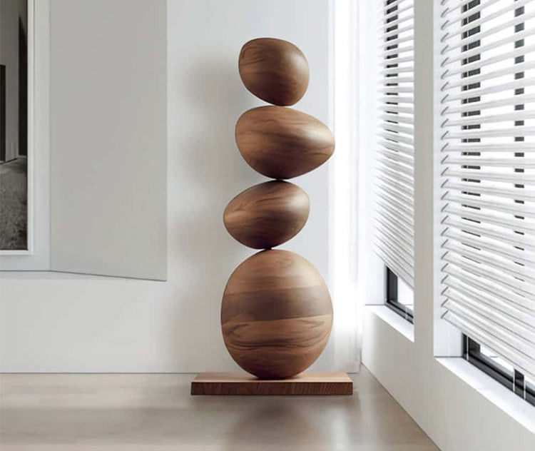 Stacked Wooden Pebble Totem Sculpture