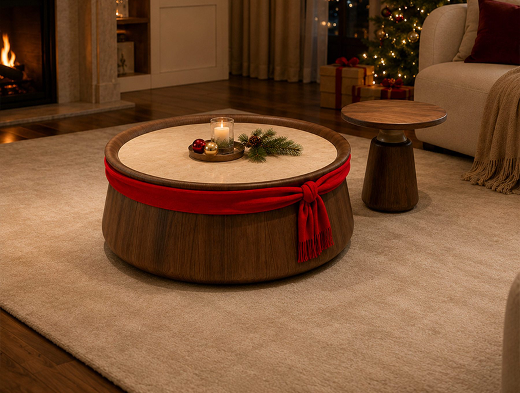Modern Sintered Stone and Wood Coffee Table Set
