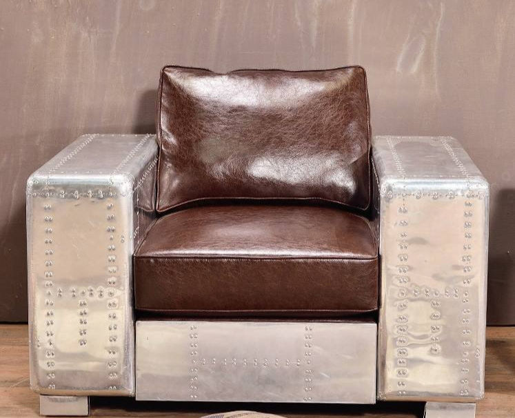 Industrial Brown Leather Accent Chair with Aluminum Frame & Side Shelves