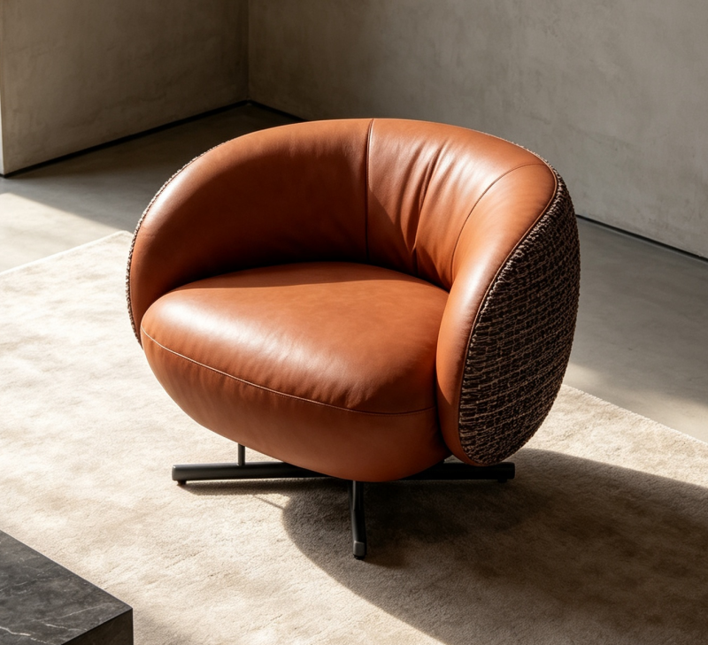 Brown Genuine Leather Swivel Accent Chair with Textured Side Panels