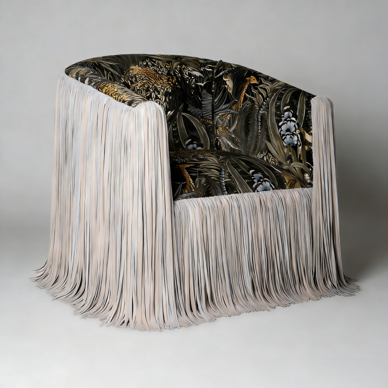 Black Floral Accent Chair, Fringe Upholstered Bucket Lounge Chair