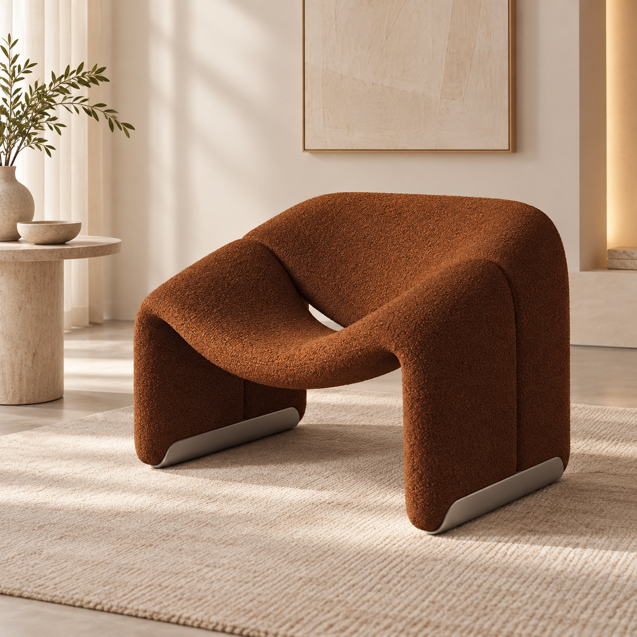 Brown Armless Accent Chair, Compact Sculptural Lounge Chair for Living Room
