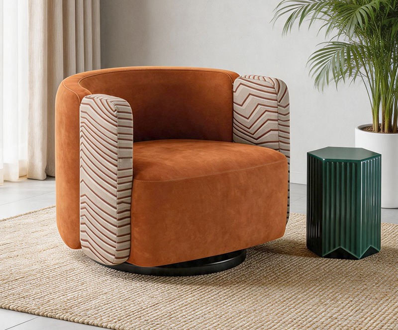 Swivel Leather Accent Chair Wave Pattern Armrest Rotating Base Lounge