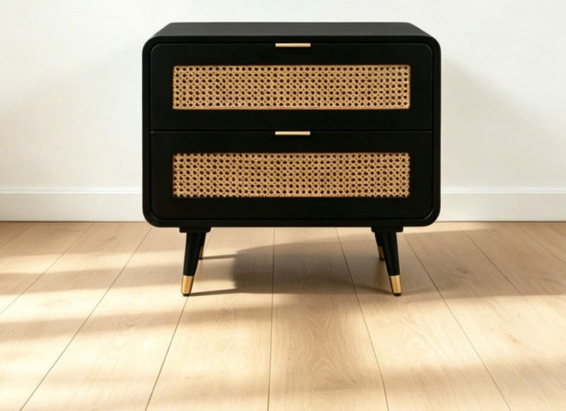 Rattan-Accent Two-Drawer Wooden Nightstand