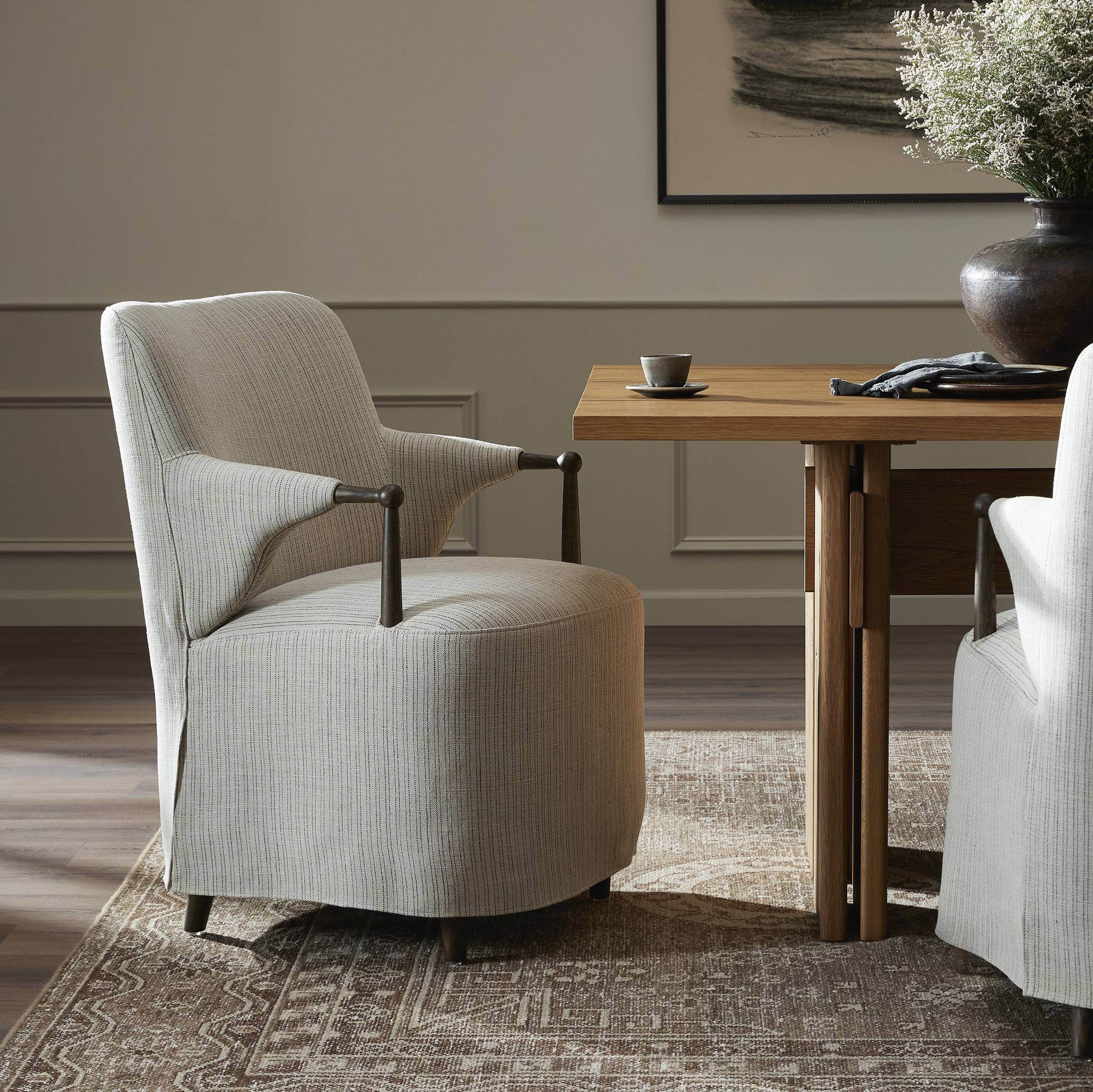 Beige Upholstered Dining Chair, Solid Wood Armchair with High Back