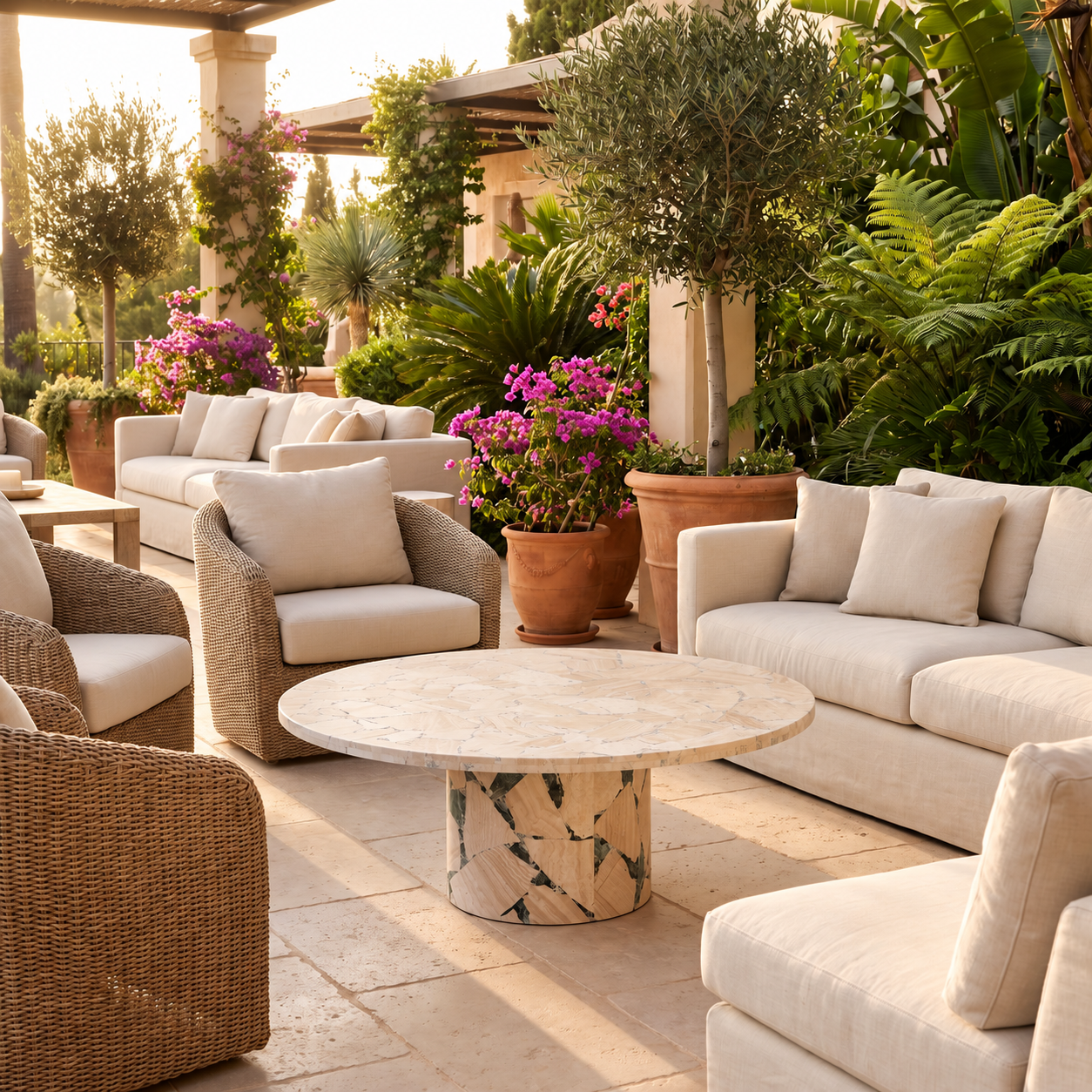 Modern Travertine and Stone Mosaic Coffee Table