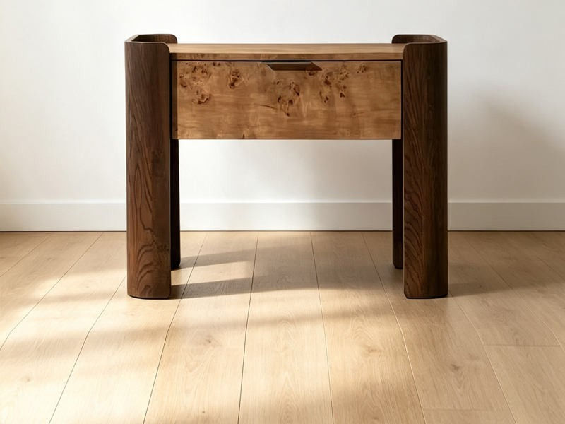 Burled Wood and Dark Timber One-Drawer Nightstand