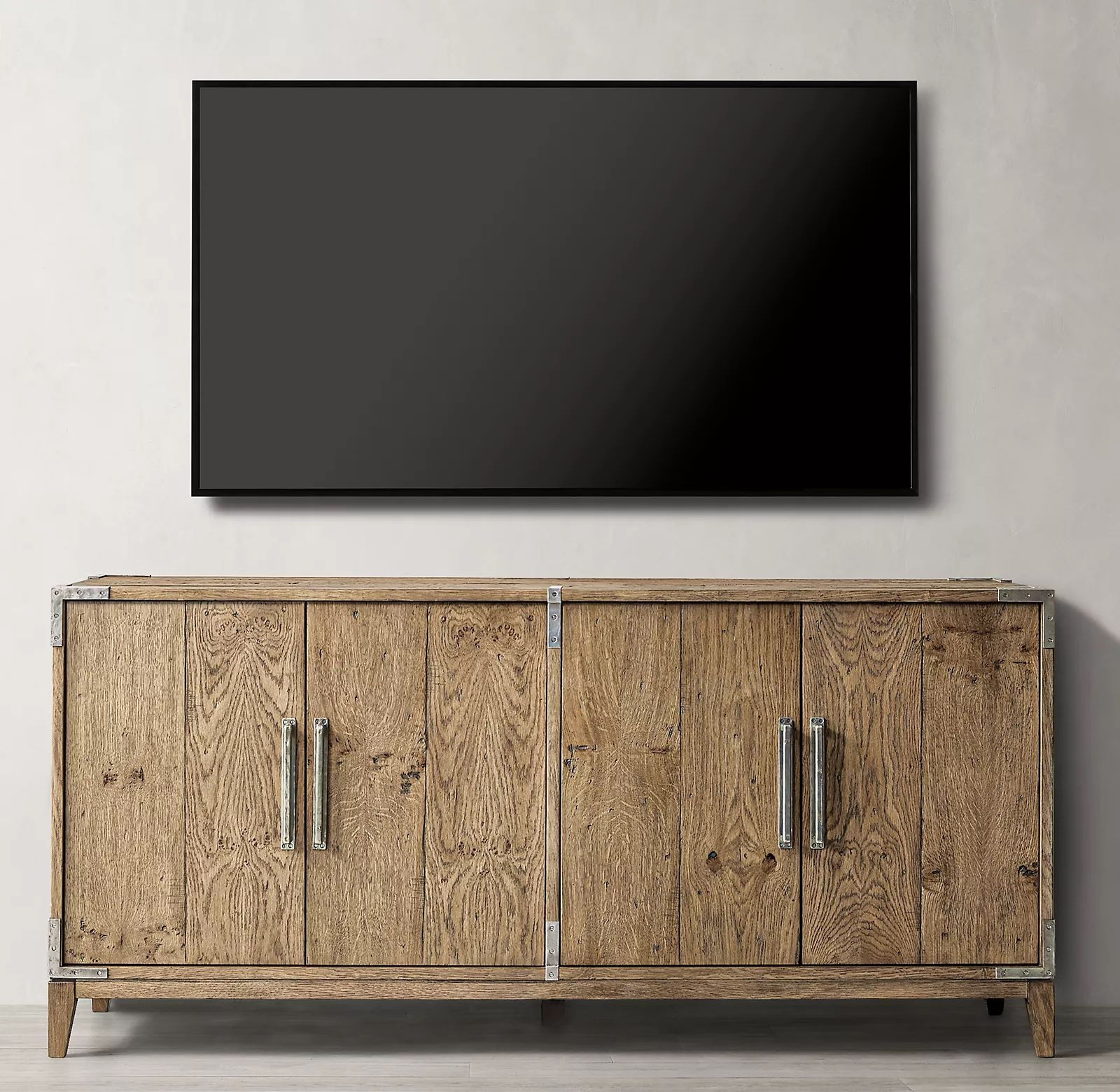 Rustic Oak TV Stand Console 4 Door Reclaimed Wood Sideboard Credenza