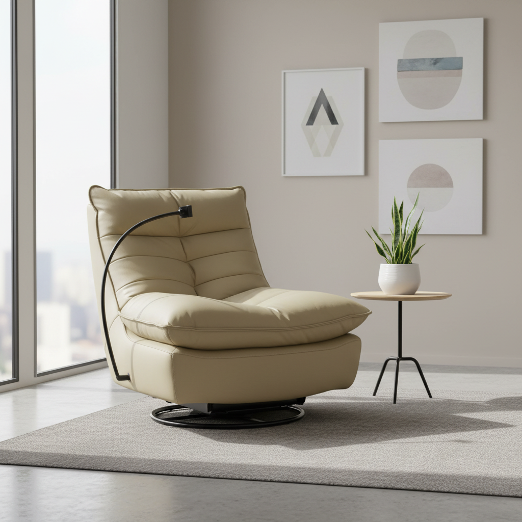 Leather Lounge Chair, Beige Swivel Single Sofa Accent Chair for Living Room