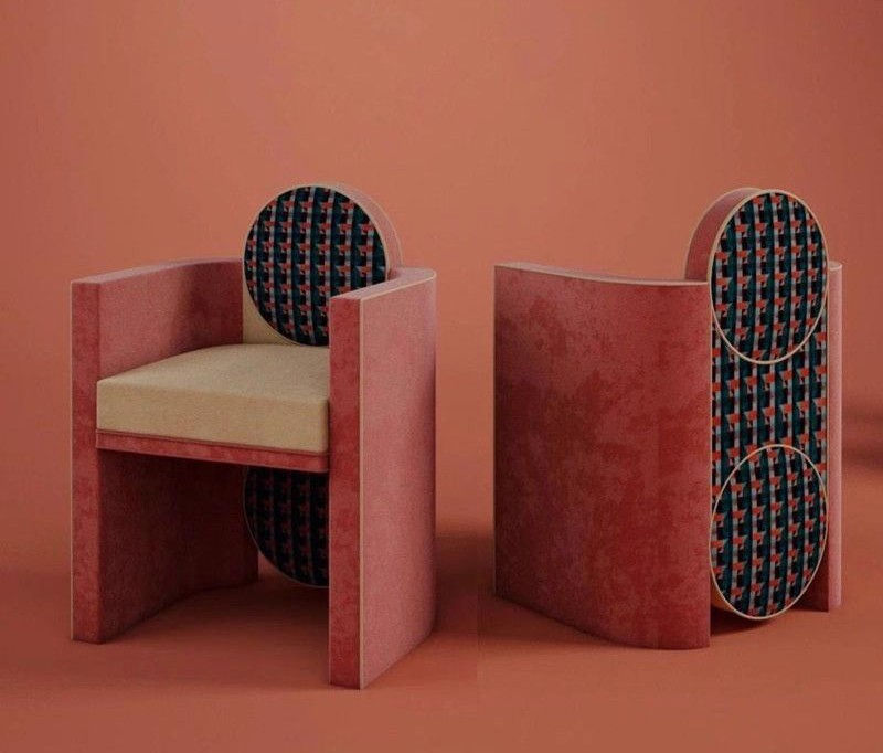 Pink Velvet Dining Chair with Geometric Backrest and Sculptural Wood Frame