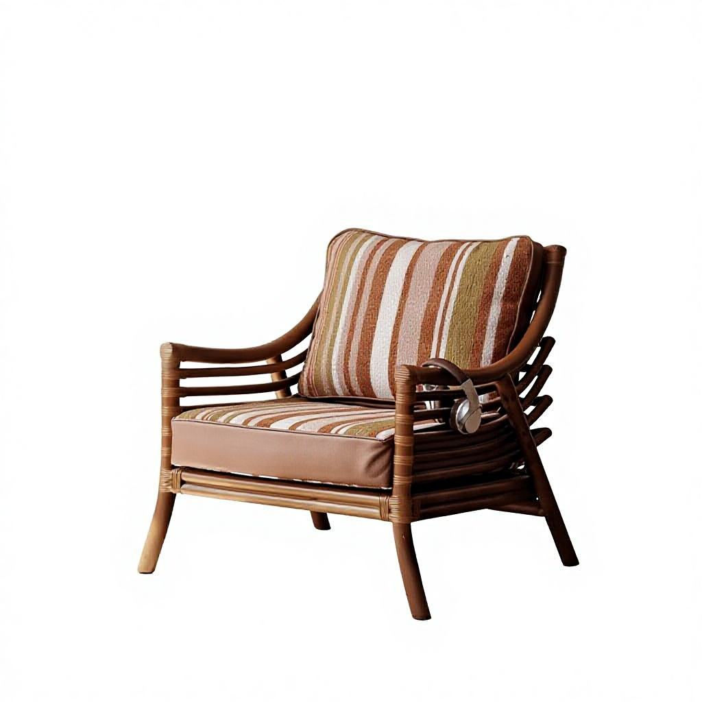 Striped Fabric Wood Lounge Chair with Curved Arms and Retro Woven Frame