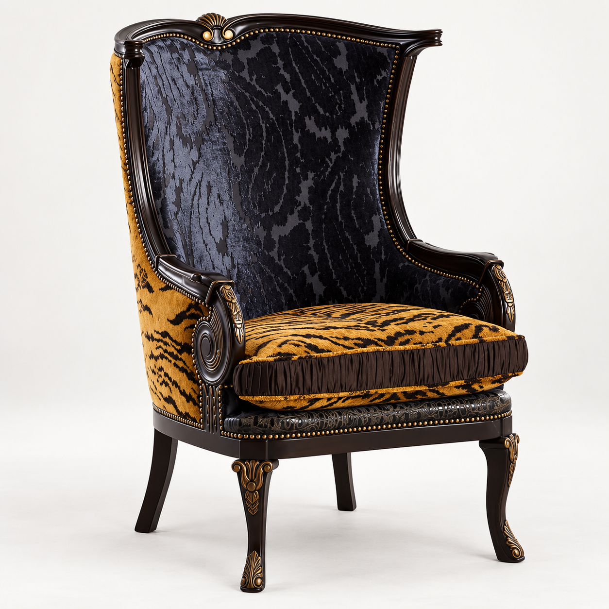 Traditional Carved Wood High Back Accent Chair Living Room Armchair
