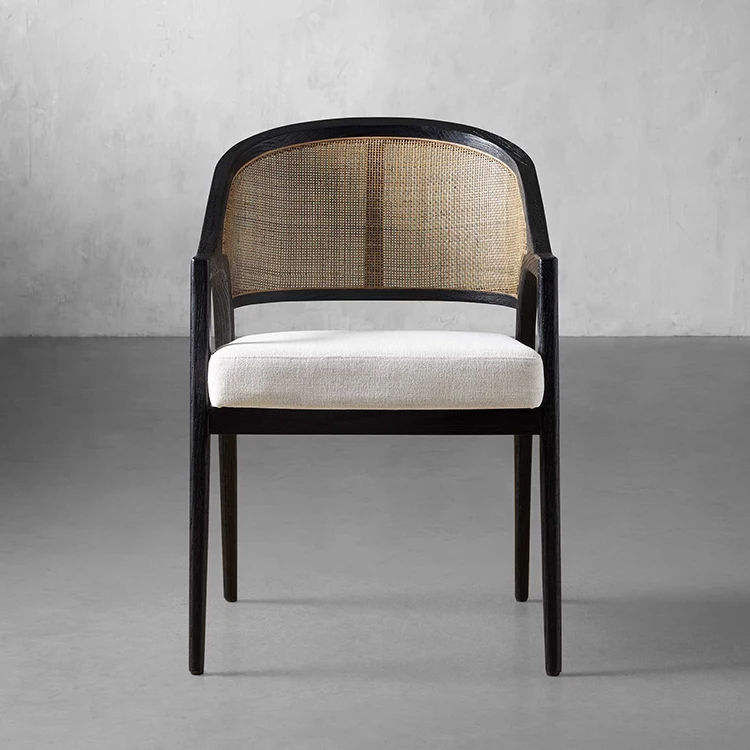 Modern Black Wood Frame Accent Chair Woven Cane Back Upholstered Dining Chair