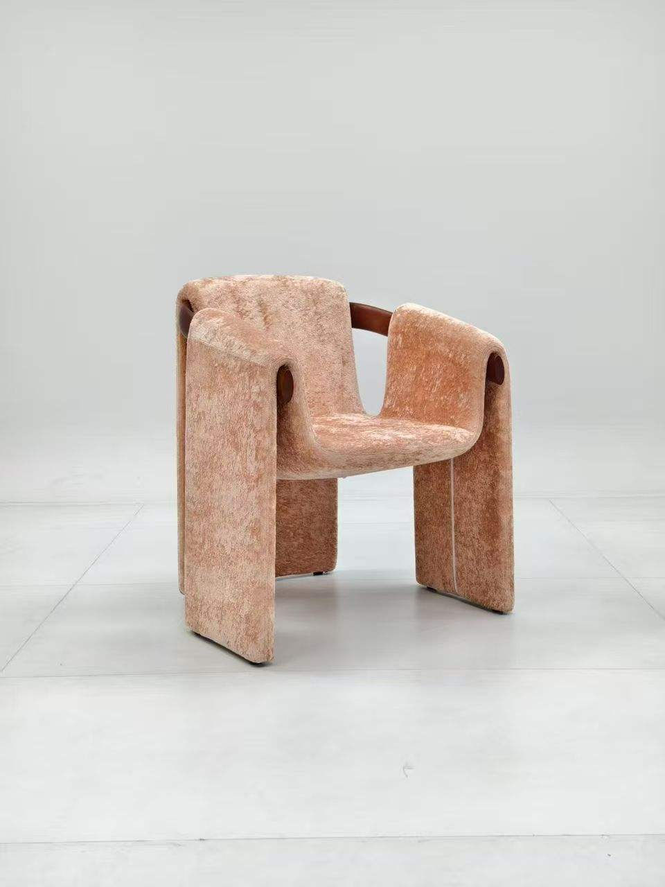 Blush Fabric Accent Chair with Sculptural Arms and Wood Frame