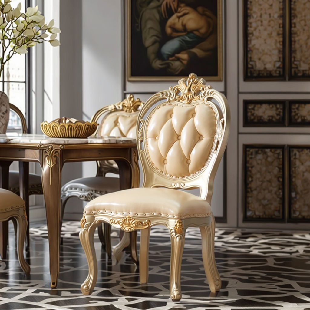 European Antique Leather Tufted Dining Chair