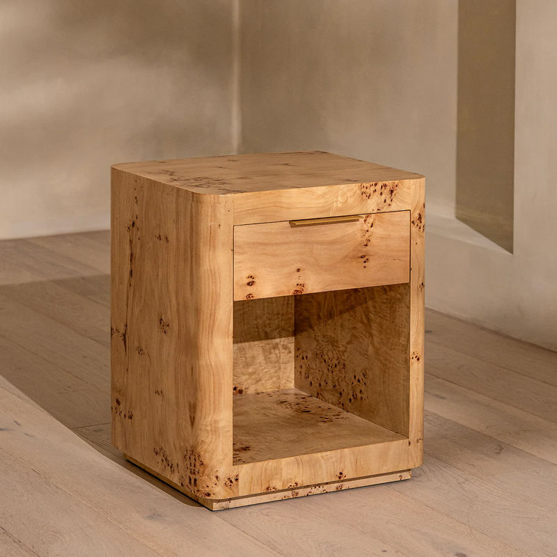 Burl Wood Open-Shelf Single-Drawer Nightstand