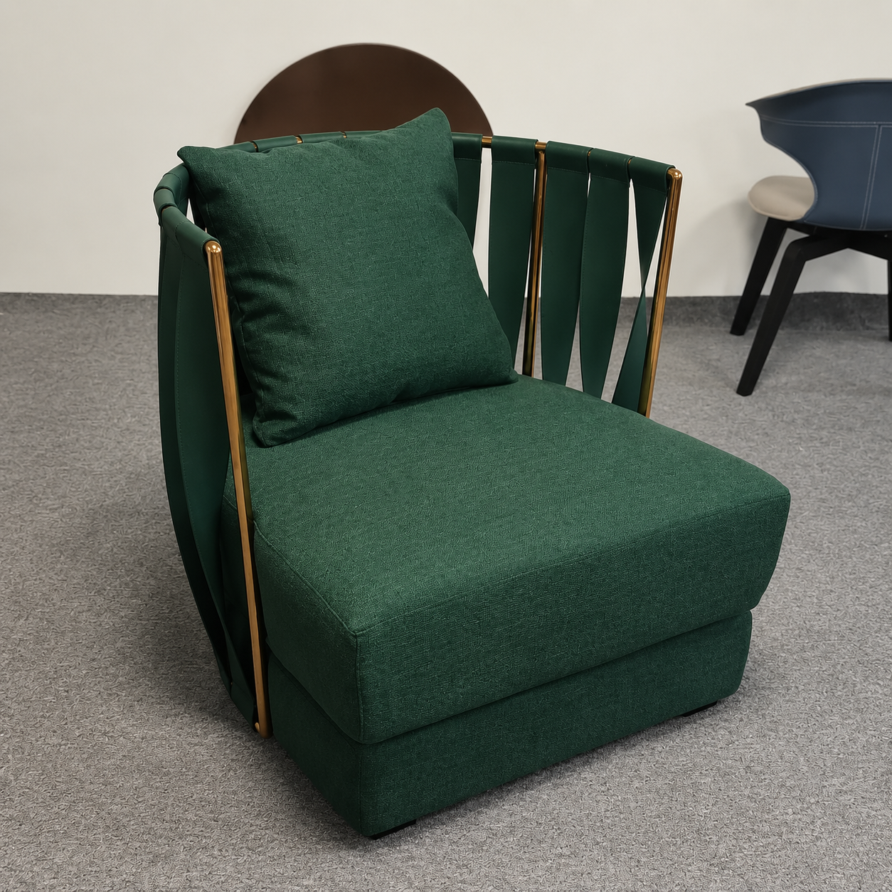 Green Velvet Lounge Chair with PU Leather Strap Back, Modern Accent Chair