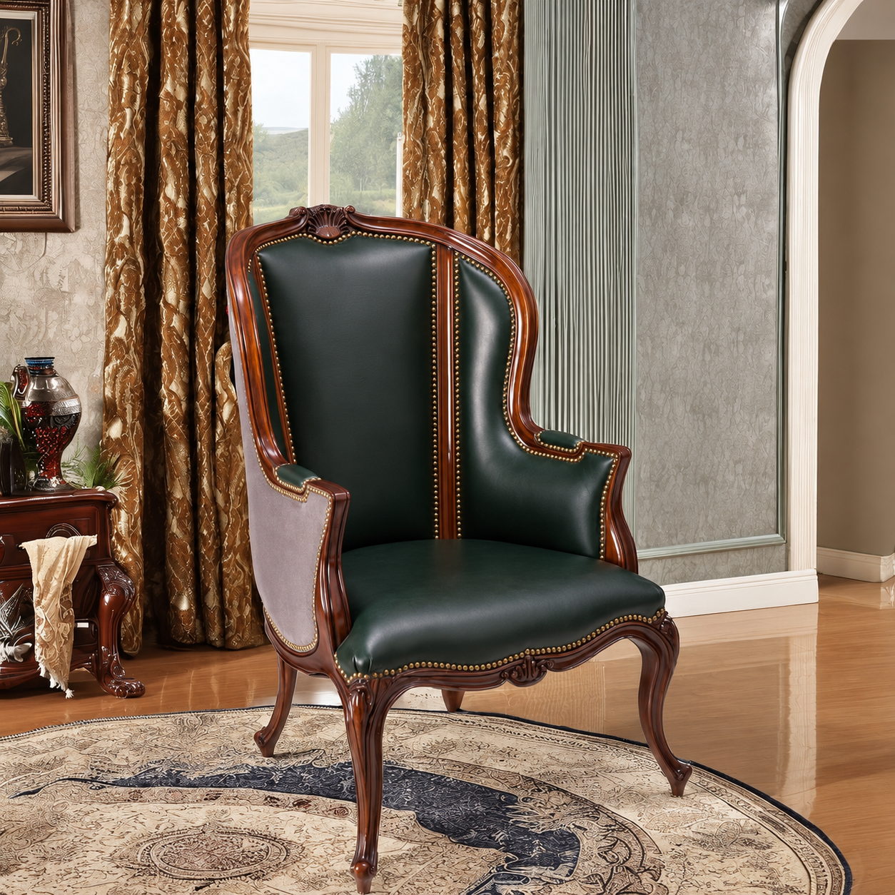 Traditional Carved Emerald Leather Armchair