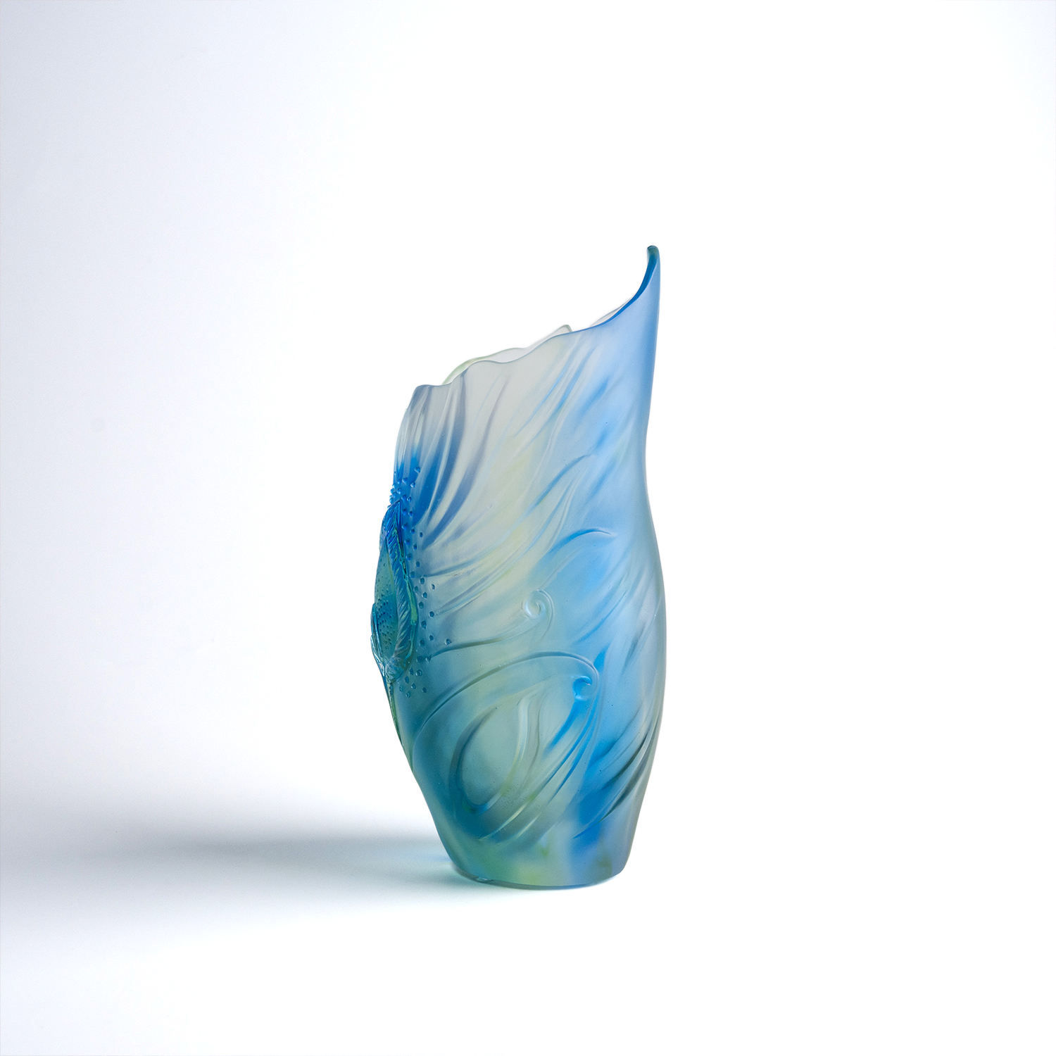 Blue Crystal Feather Vase Sculpted Gradient Art Glass Flower Vessel