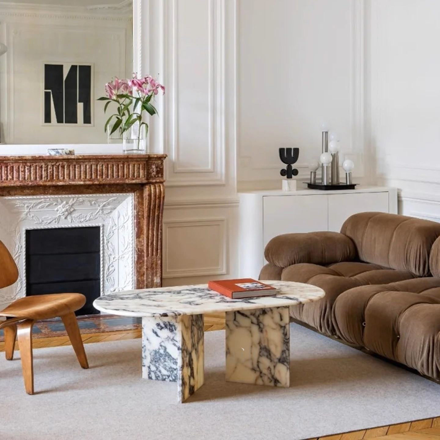 Bianco Carrara Dual-Column Oval Coffee Table