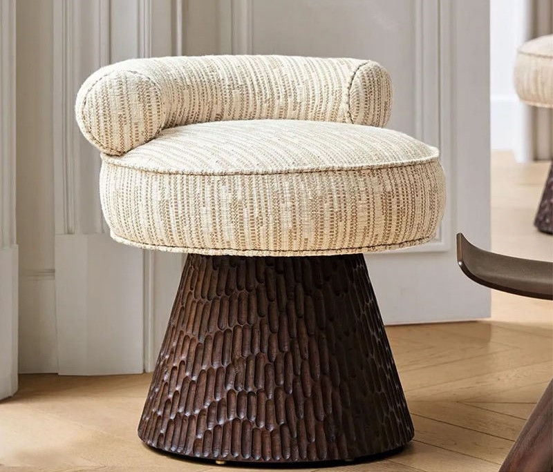 Textured Fabric Vanity Stool Low Back Cushion Carved Pedestal Base Accent Chair