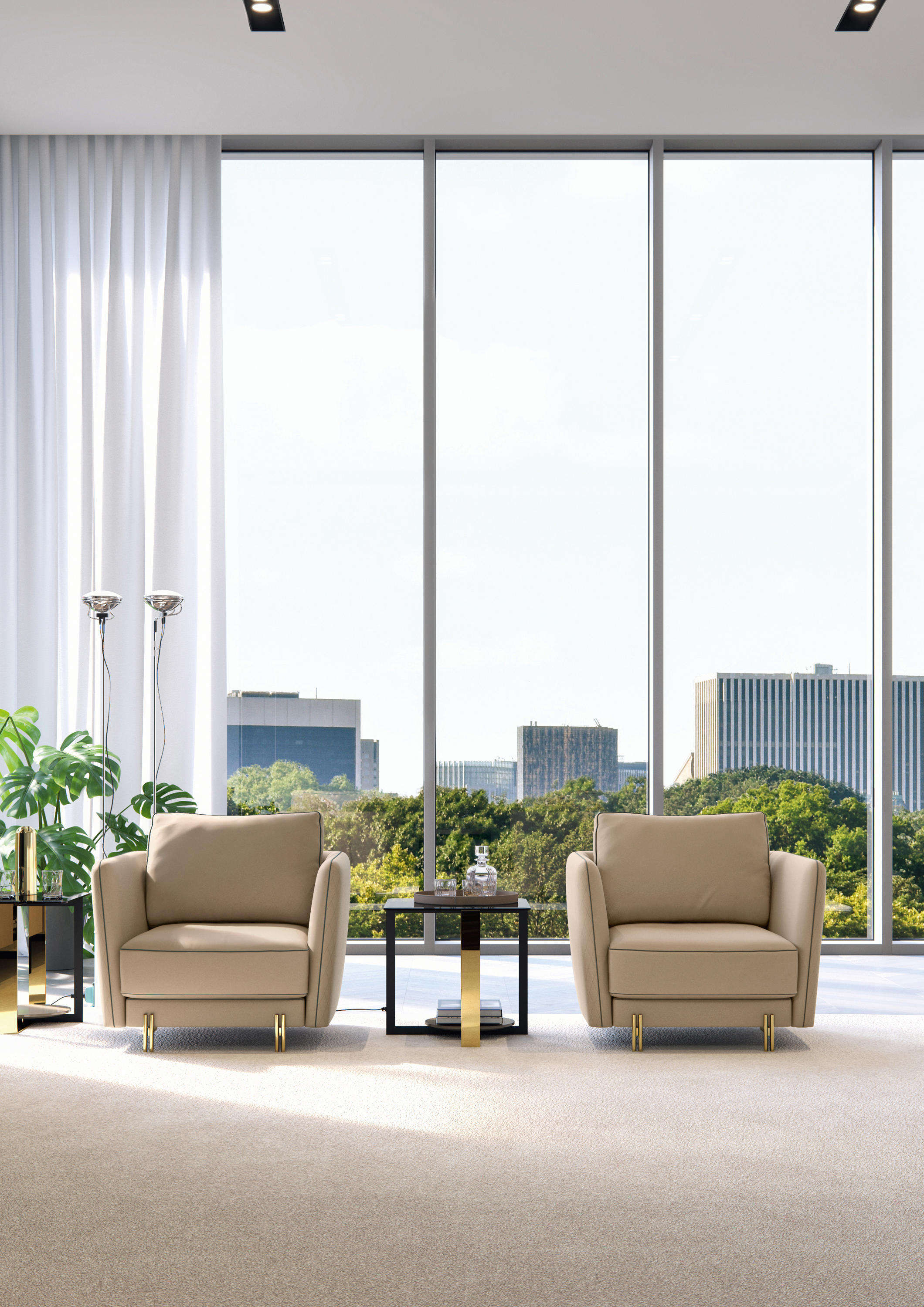 Cream Upholstered Accent Chair, Modern Armchair with Gold Metal Legs